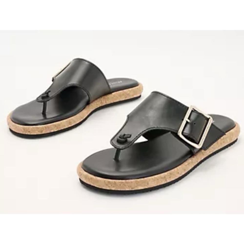 Kelsi Dagger Brooklyn Wmn 7.5M Theory Buckle Thong Sandals Black Texture Leather